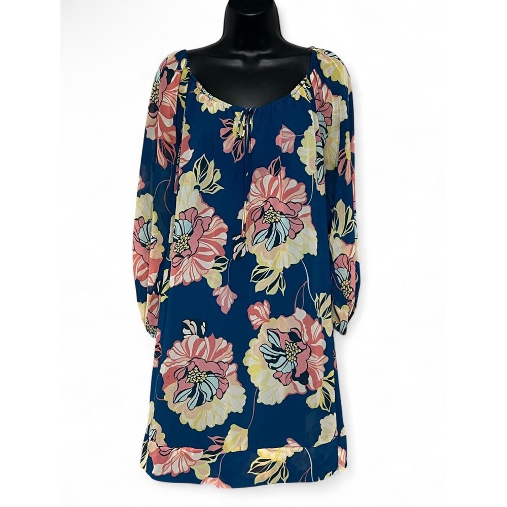 Blue Floral Shift Dress Women Size L 3/4 Sleeve Lightweight Boho Chiffon